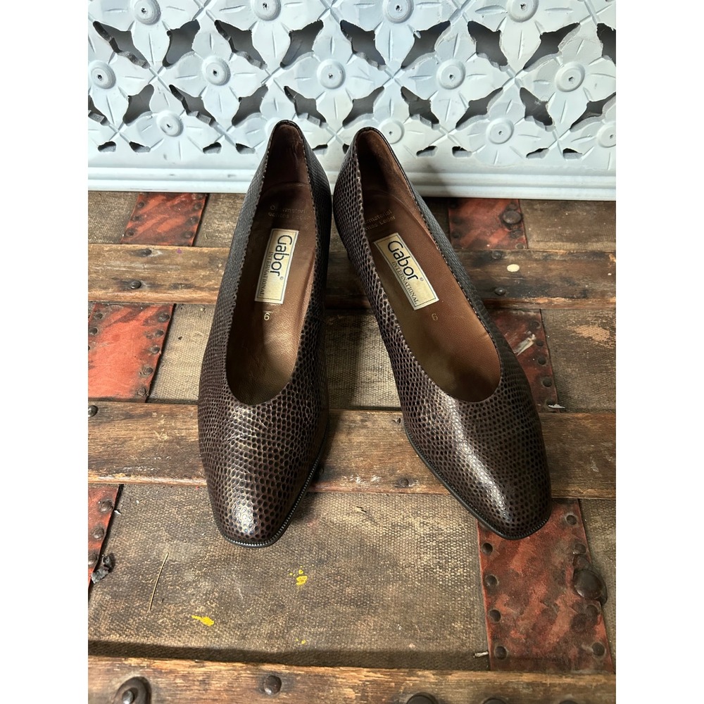 Gabor International Brown Snakeskin Embossed Leather Block Heel Pumps Size 6